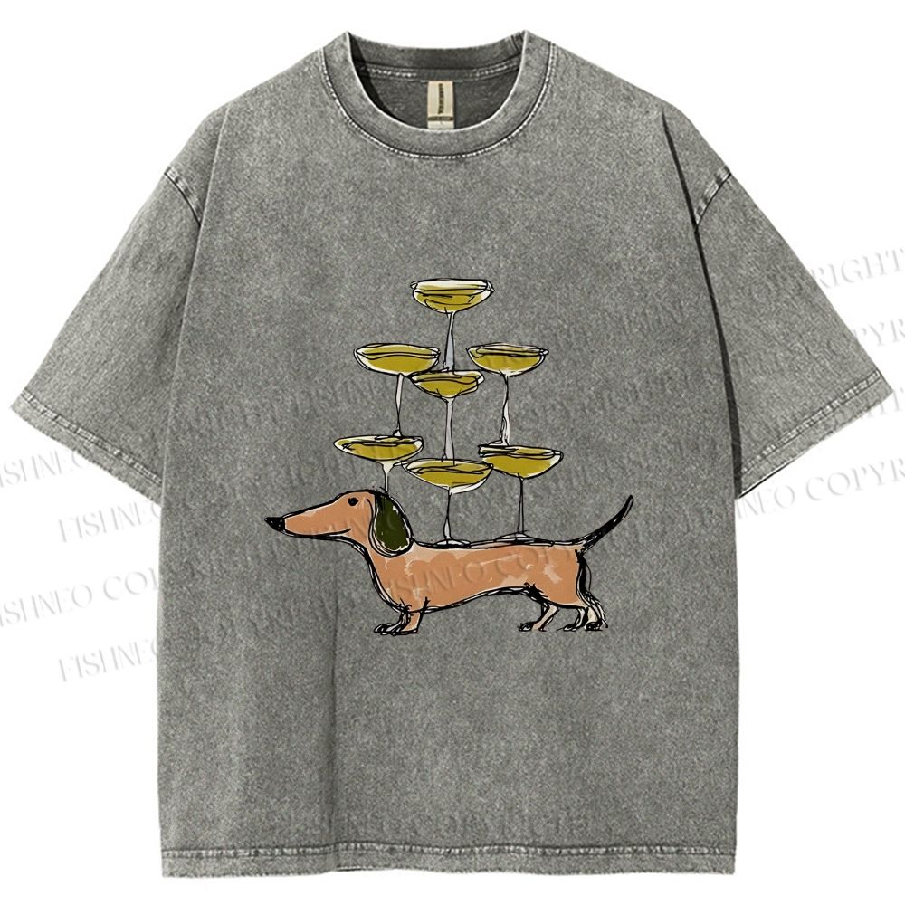 Unisex Funny Dachshund Dogs With Glasses Printed Washed Tee