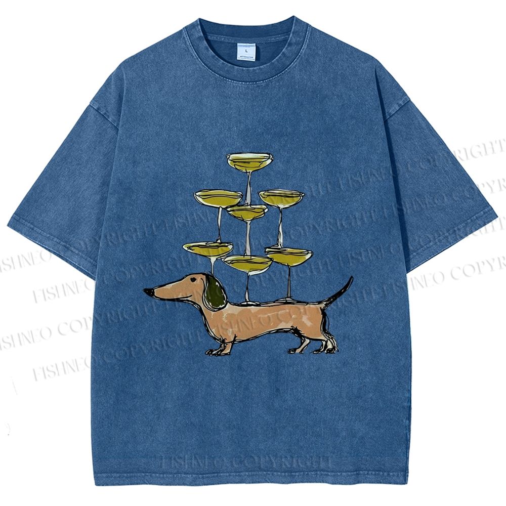 Unisex Funny Dachshund Dogs With Glasses Printed Washed Tee