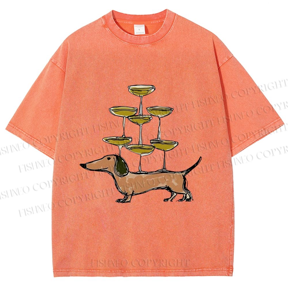 Unisex Funny Dachshund Dogs With Glasses Printed Washed Tee
