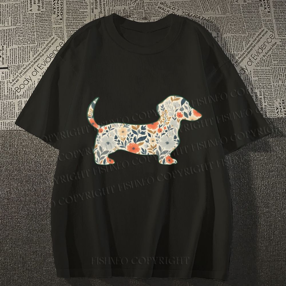 Unisex Classic Cotton Floral Dachshund Printed T-shirt
