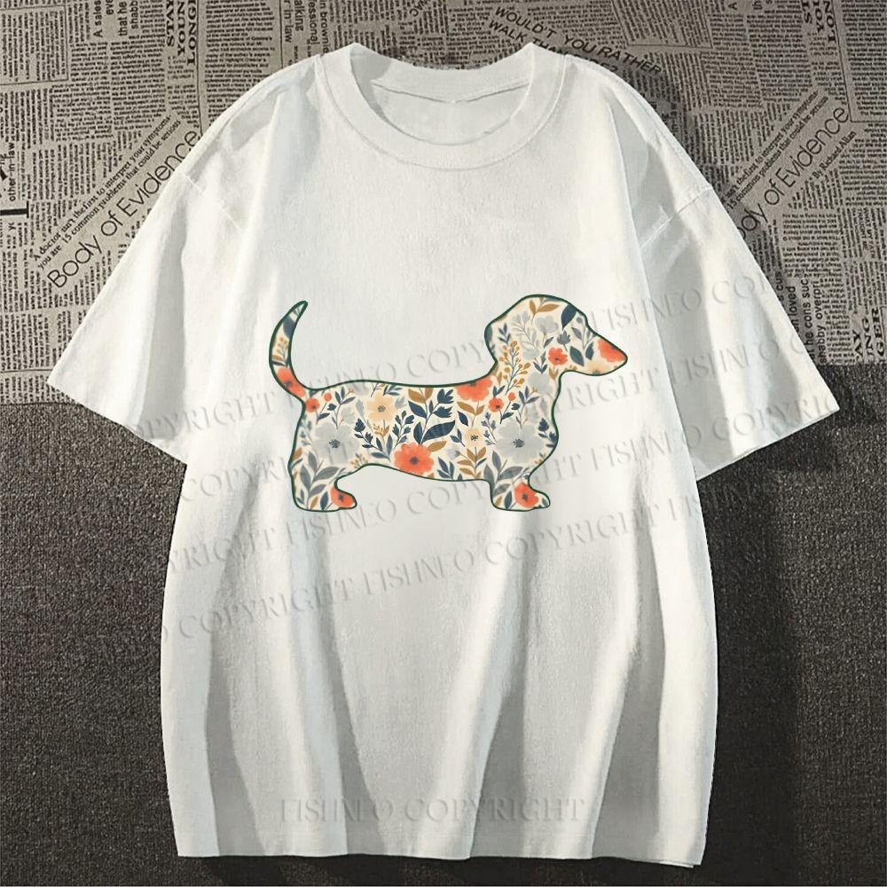 Unisex Classic Cotton Floral Dachshund Printed T-shirt