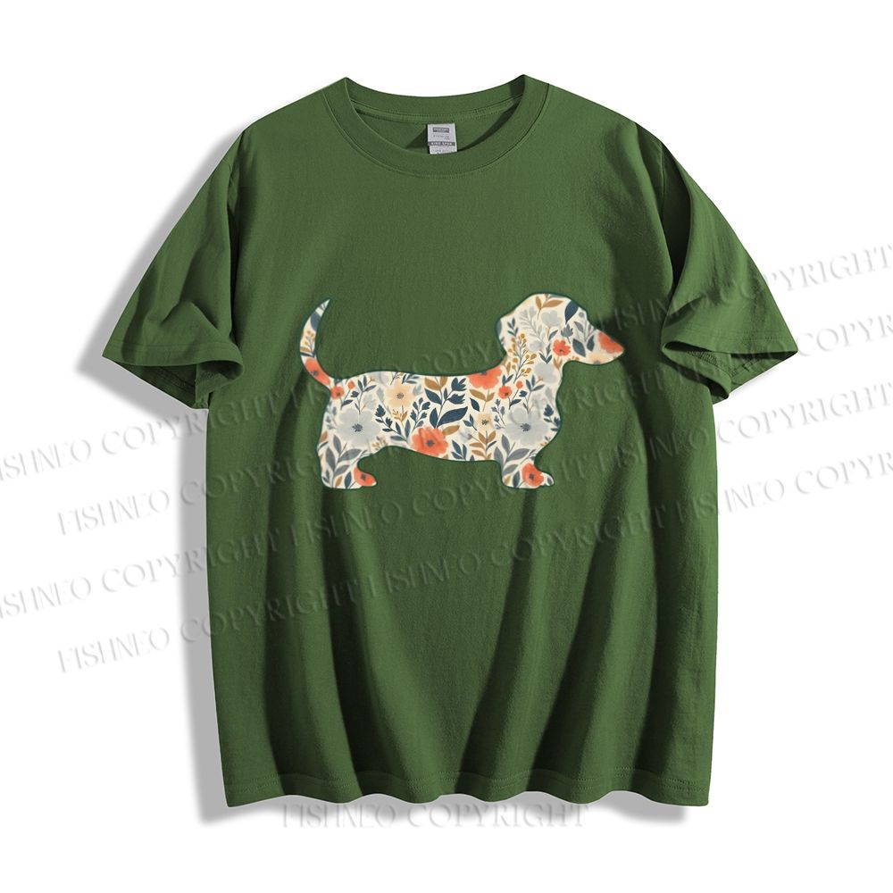Unisex Classic Cotton Floral Dachshund Printed T-shirt