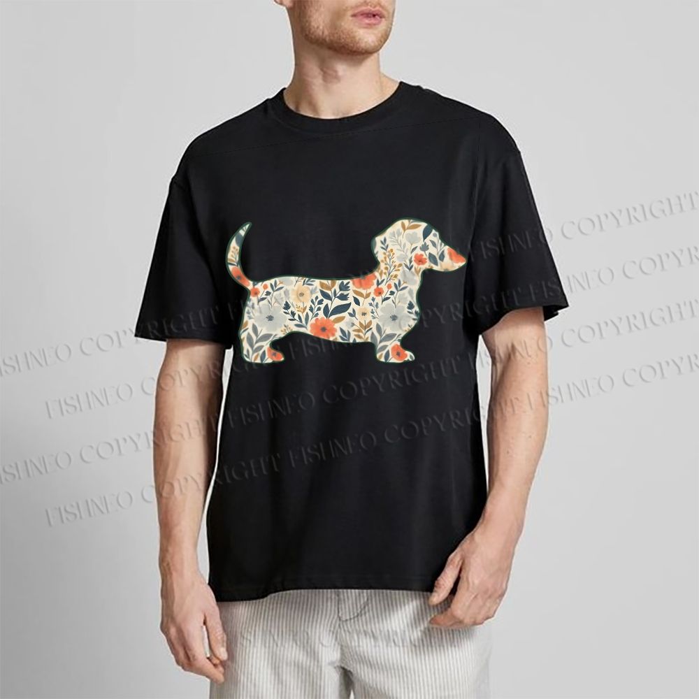 Unisex Classic Cotton Floral Dachshund Printed T-shirt