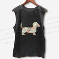 Unisex Floral Dachshund Printed Washed Tank Top