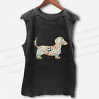 Unisex Floral Dachshund Printed Washed Tank Top