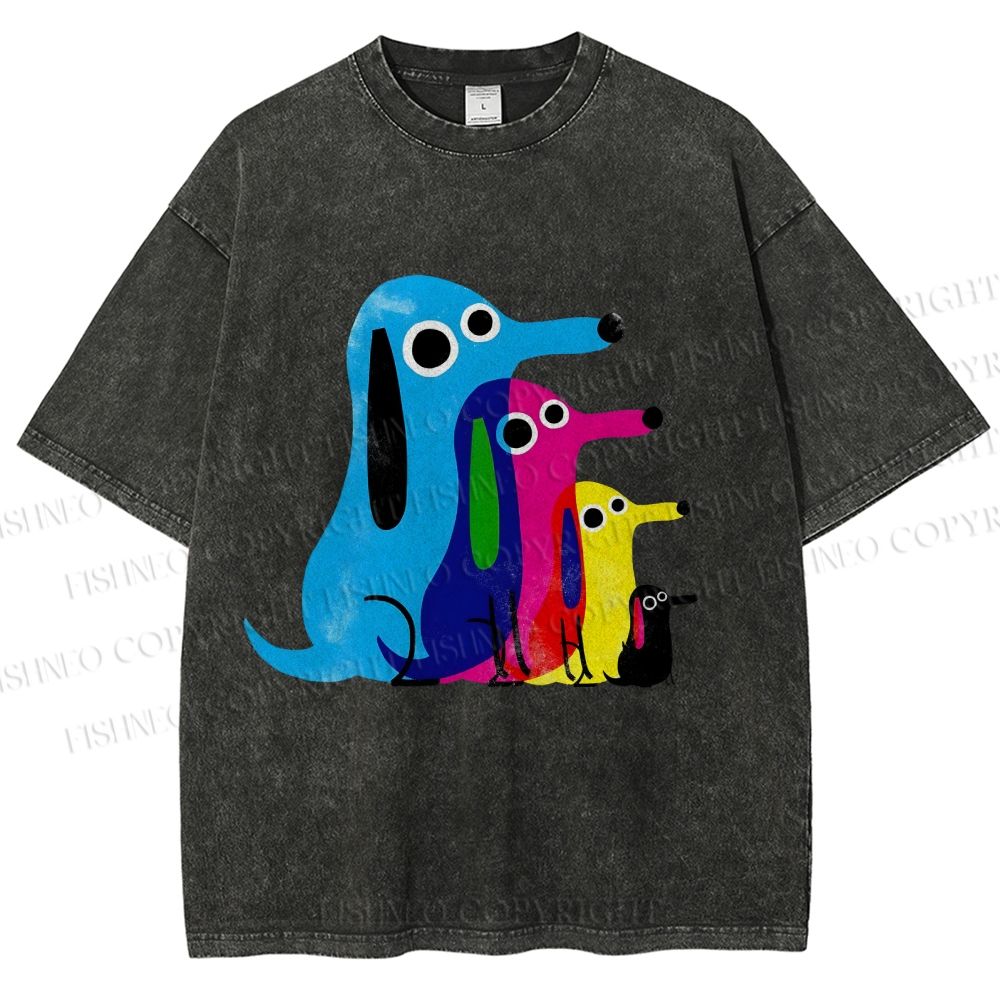 Unisex Colorful Cartoon Dachshund Printed Washed Tee