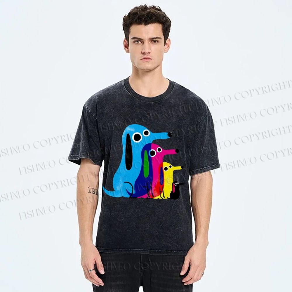 Unisex Colorful Cartoon Dachshund Printed Washed Tee