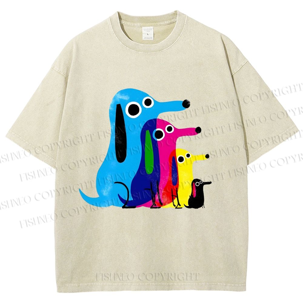 Unisex Colorful Cartoon Dachshund Printed Washed Tee