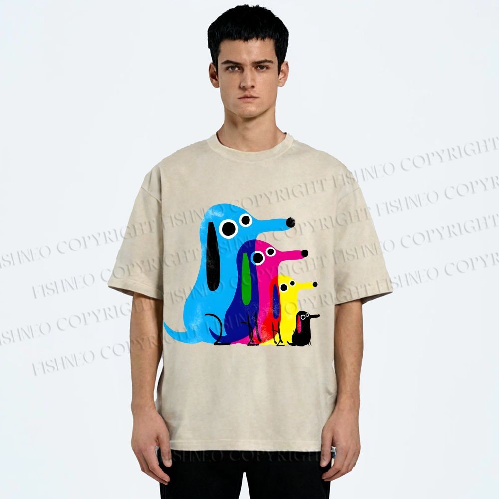 Unisex Colorful Cartoon Dachshund Printed Washed Tee