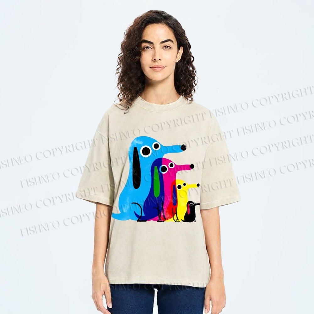 Unisex Colorful Cartoon Dachshund Printed Washed Tee