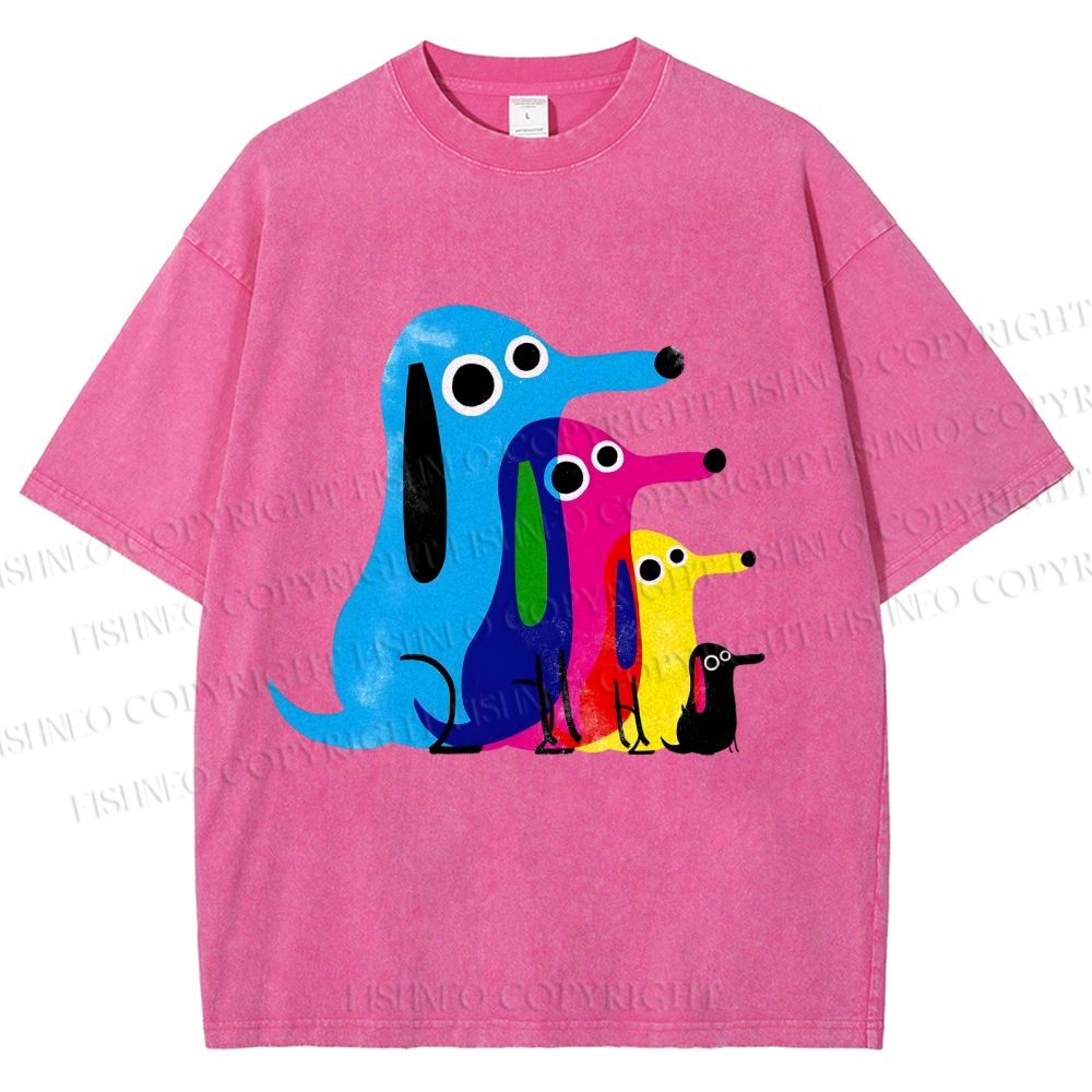 Unisex Colorful Cartoon Dachshund Printed Washed Tee