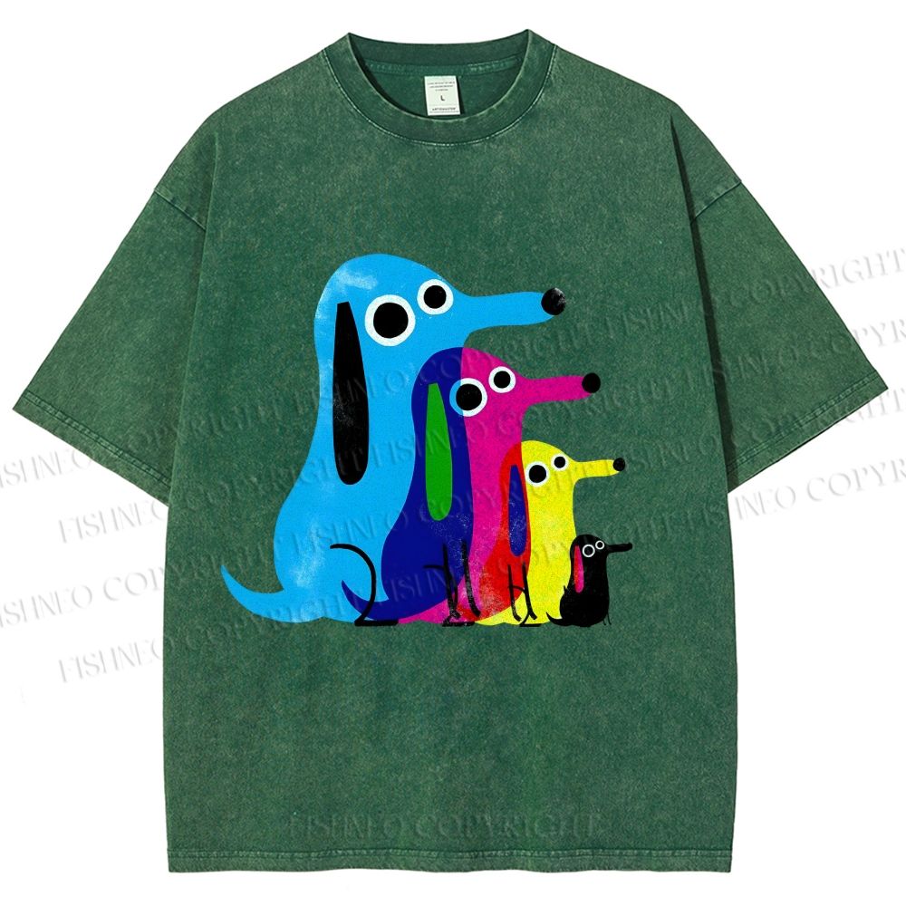 Unisex Colorful Cartoon Dachshund Printed Washed Tee