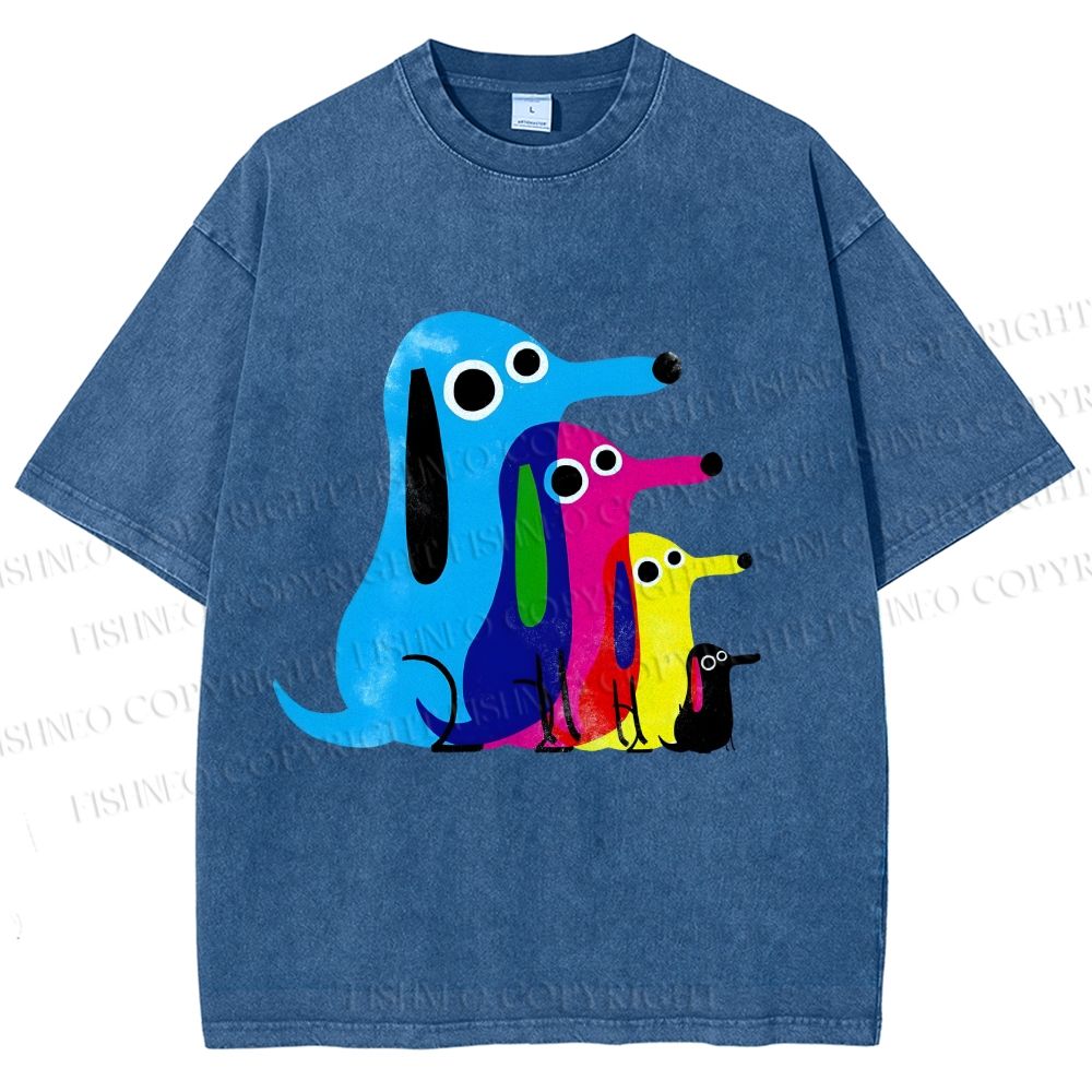 Unisex Colorful Cartoon Dachshund Printed Washed Tee