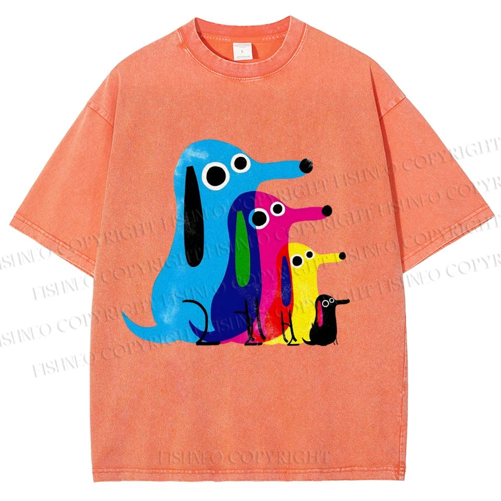 Unisex Colorful Cartoon Dachshund Printed Washed Tee