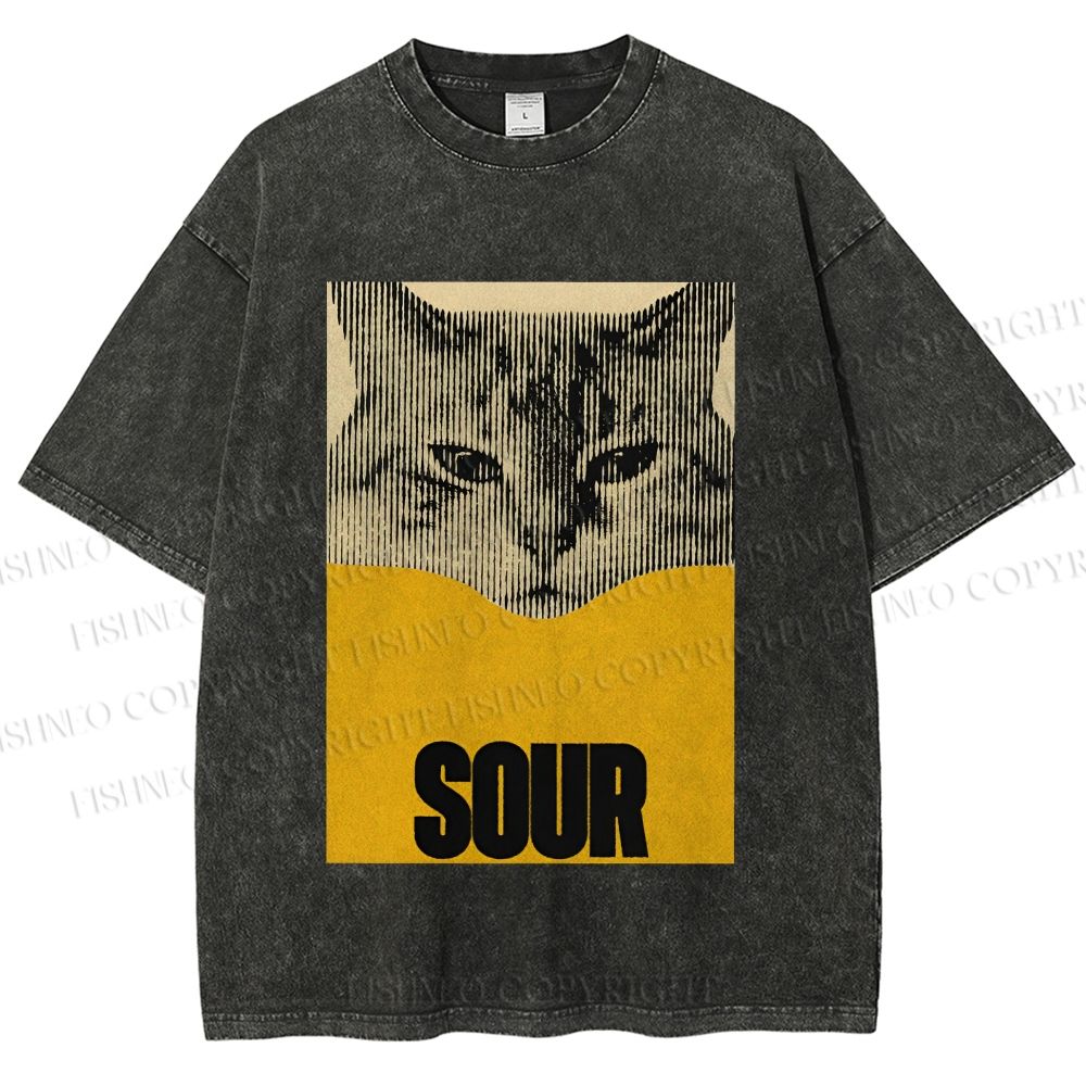 Unisex Sour Cat Printed Washed Tee