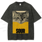 Unisex Sour Cat Printed Washed Tee