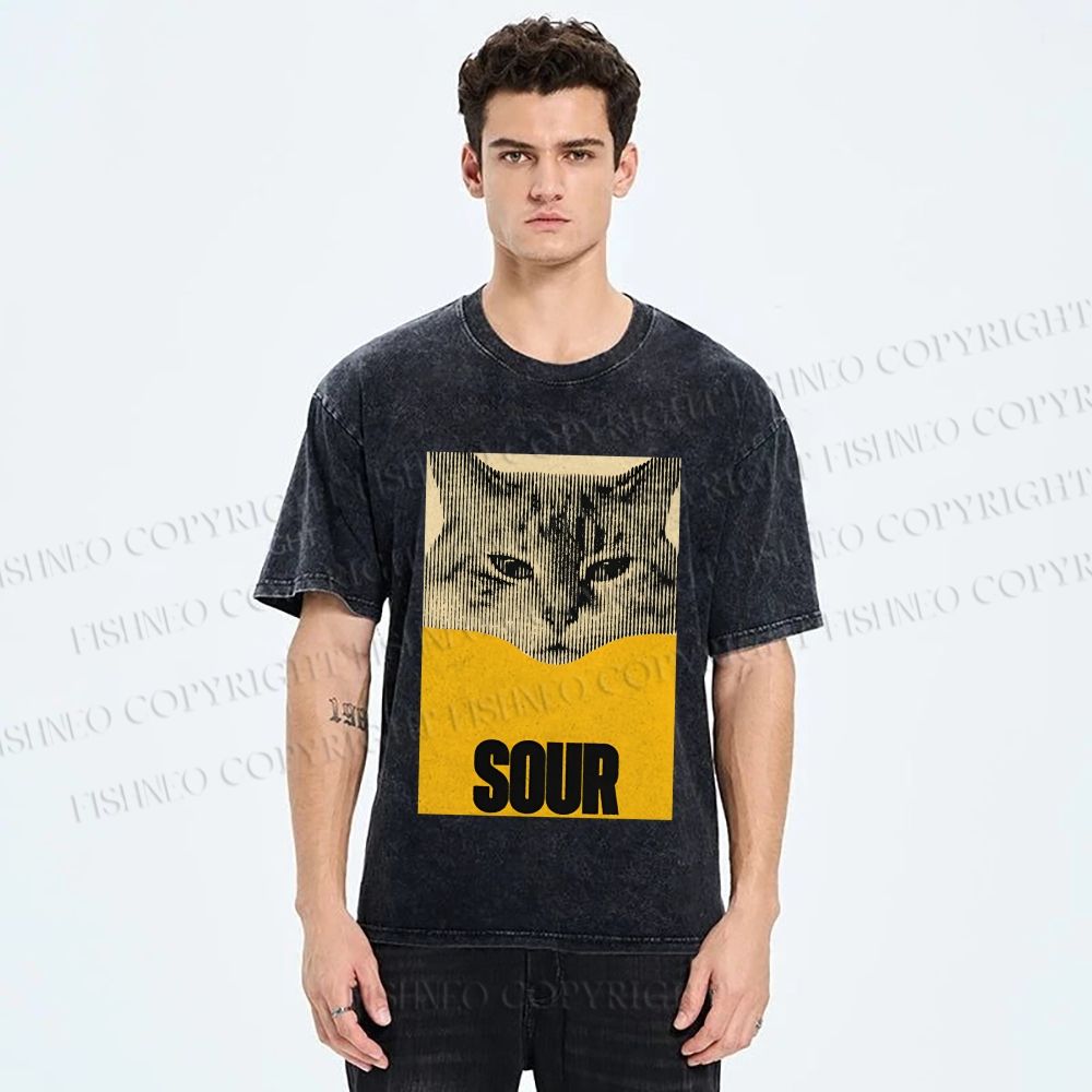 Unisex Sour Cat Printed Washed Tee