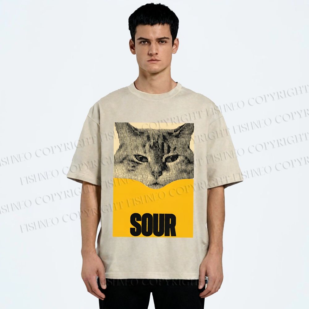 Unisex Sour Cat Printed Washed Tee