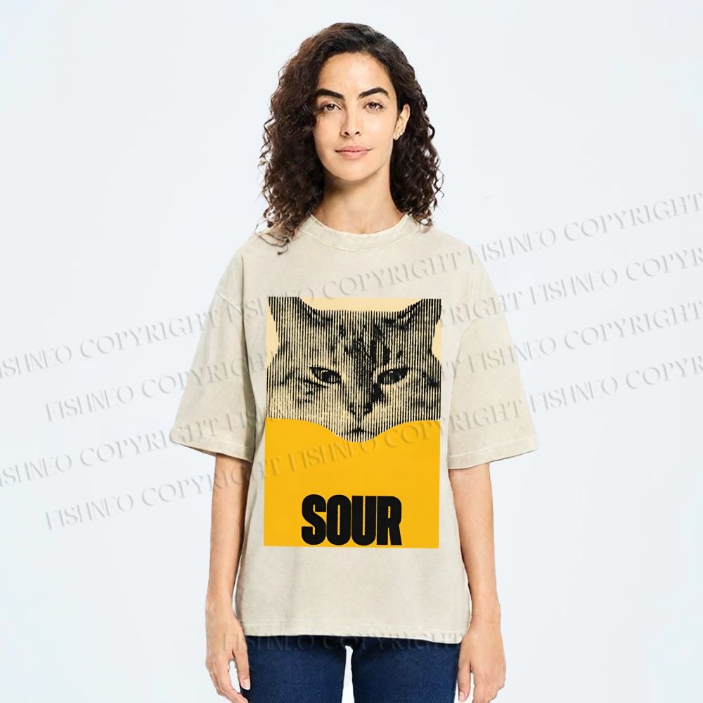 Unisex Sour Cat Printed Washed Tee