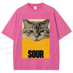 Unisex Sour Cat Printed Washed Tee