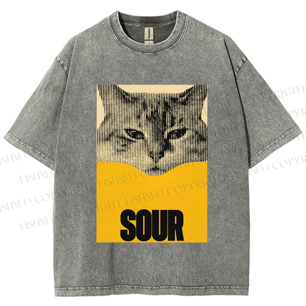 Unisex Sour Cat Printed Washed Tee
