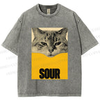 Unisex Sour Cat Printed Washed Tee