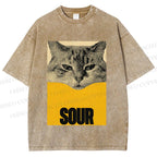 Unisex Sour Cat Printed Washed Tee