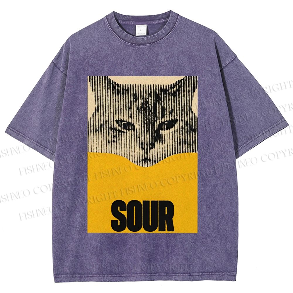 Unisex Sour Cat Printed Washed Tee