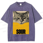Unisex Sour Cat Printed Washed Tee