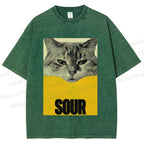 Unisex Sour Cat Printed Washed Tee