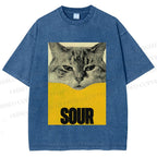 Unisex Sour Cat Printed Washed Tee