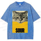 Unisex Sour Cat Printed Washed Tee