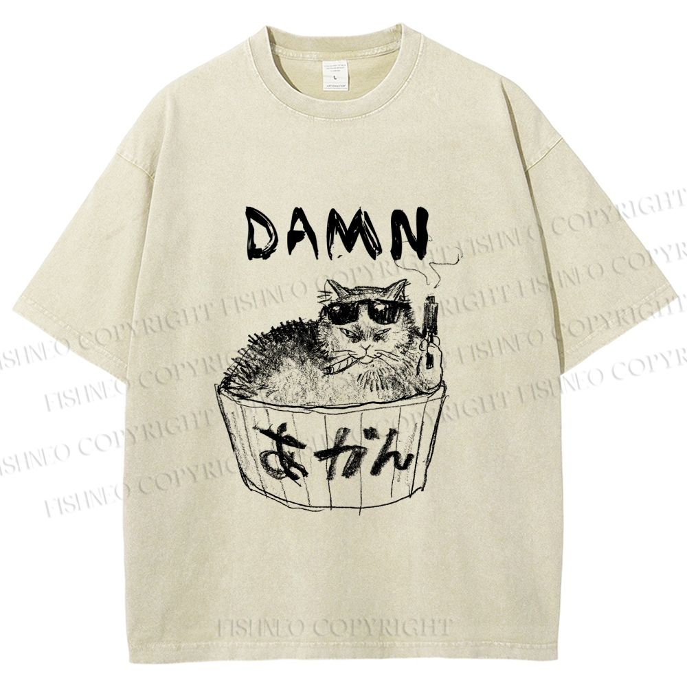 Unisex Gansta Cat in Bath Japanese Printed Washed Tee