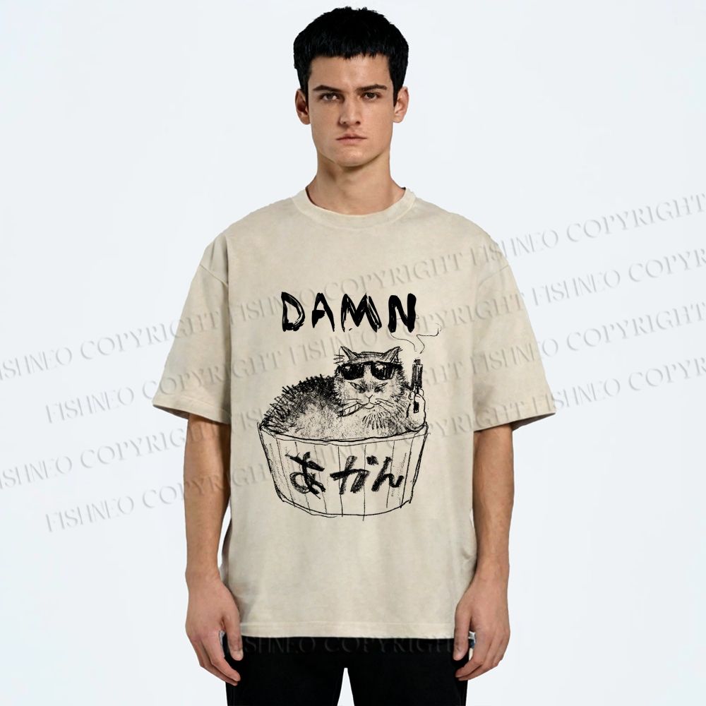 Unisex Gansta Cat in Bath Japanese Printed Washed Tee