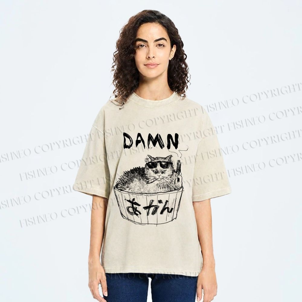 Unisex Gansta Cat in Bath Japanese Printed Washed Tee