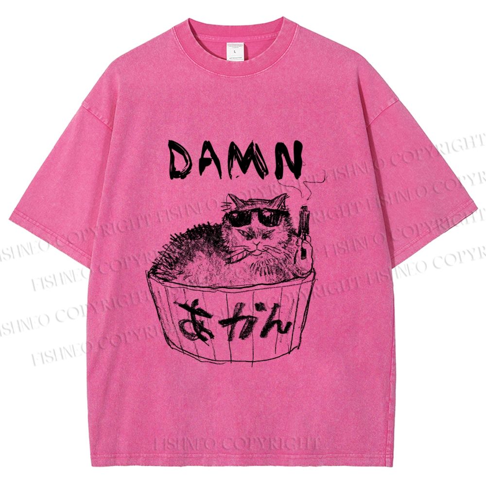 Unisex Gansta Cat in Bath Japanese Printed Washed Tee