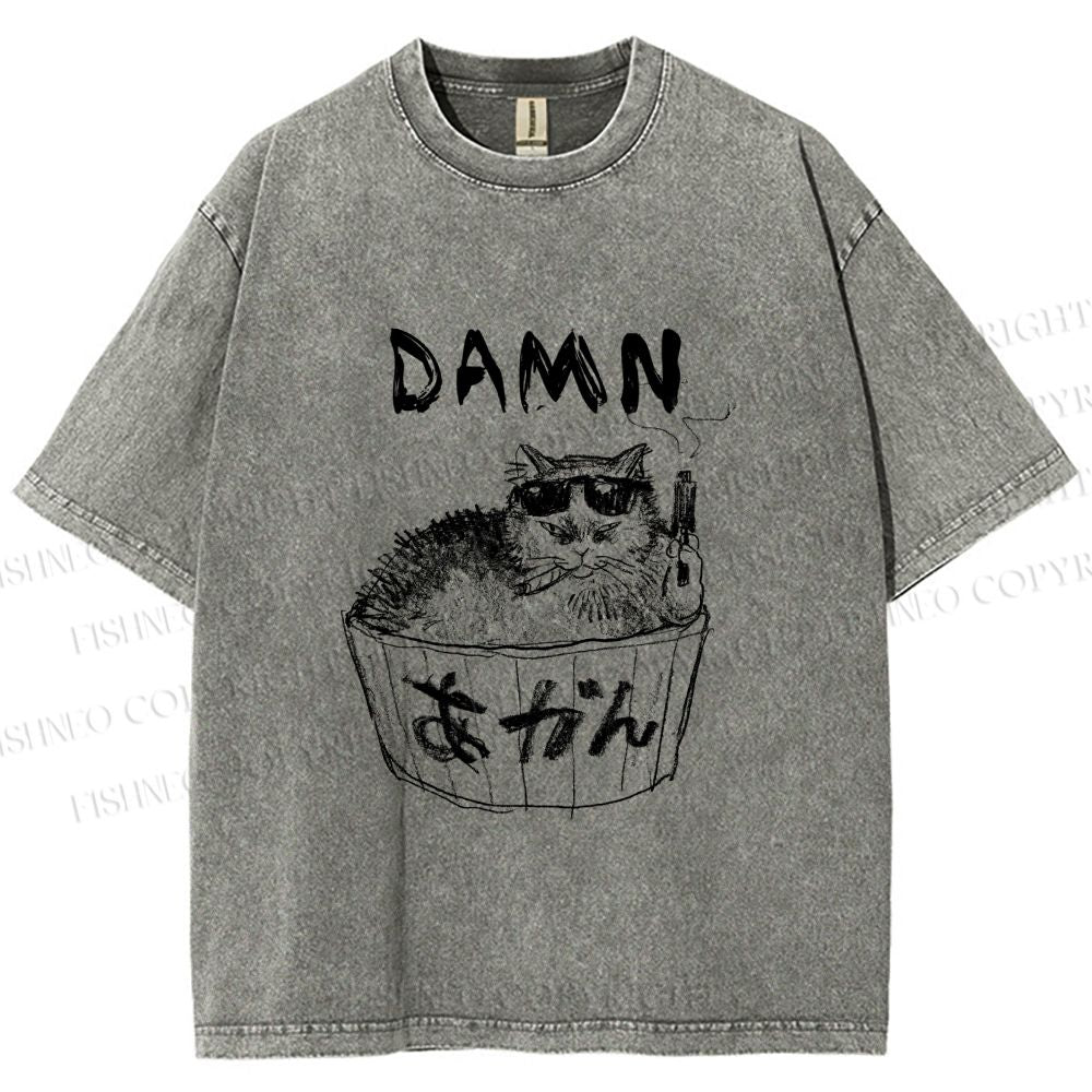 Unisex Gansta Cat in Bath Japanese Printed Washed Tee