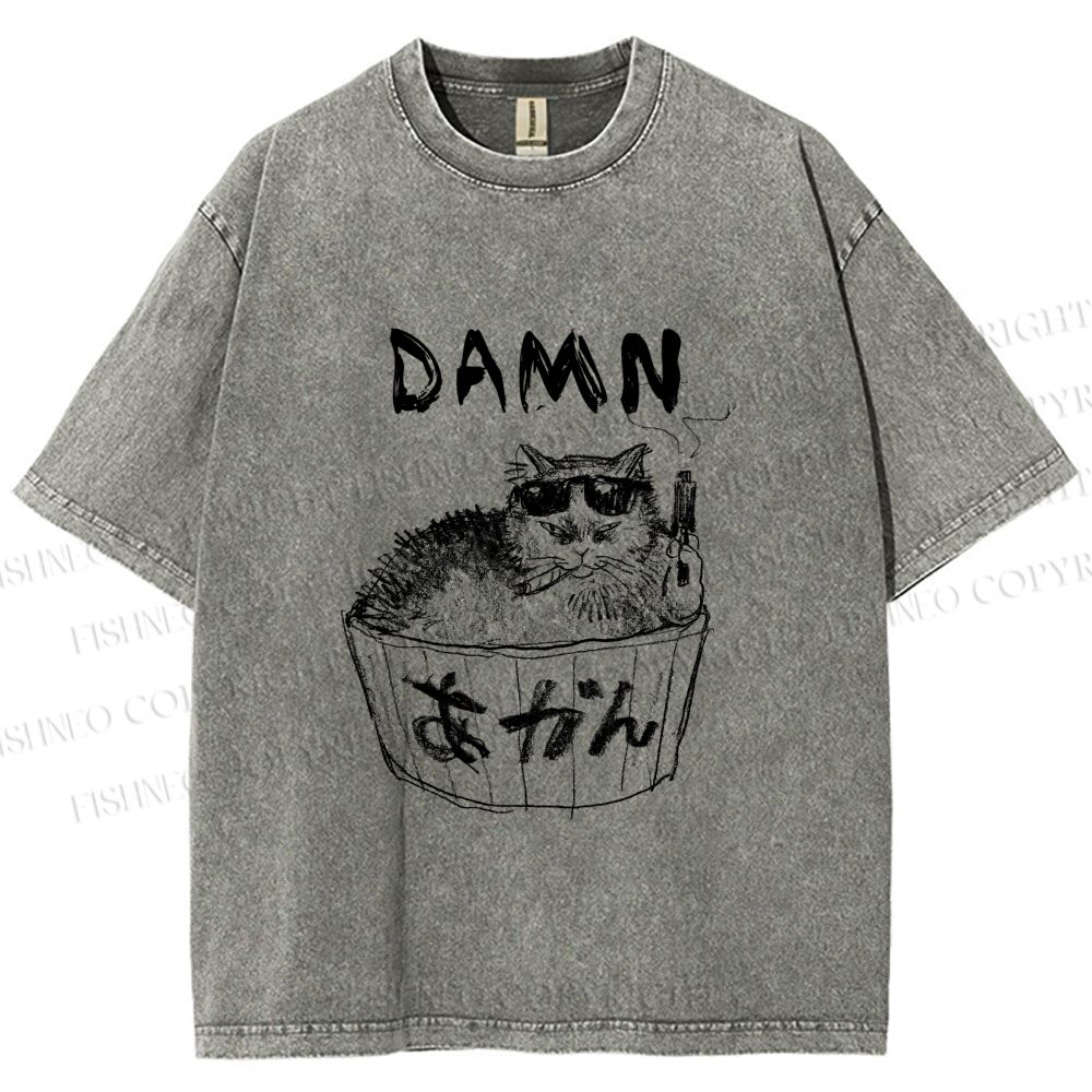 Unisex Gansta Cat in Bath Japanese Printed Washed Tee