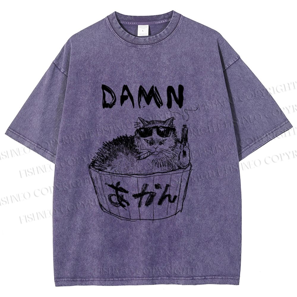 Unisex Gansta Cat in Bath Japanese Printed Washed Tee