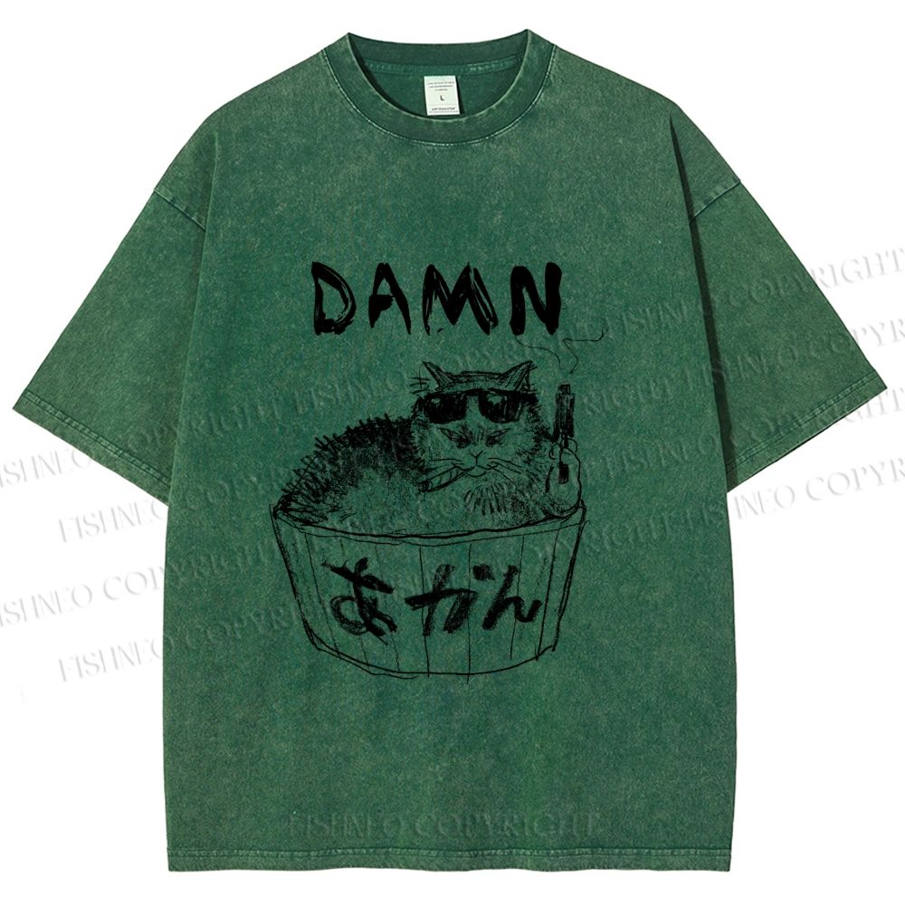 Unisex Gansta Cat in Bath Japanese Printed Washed Tee