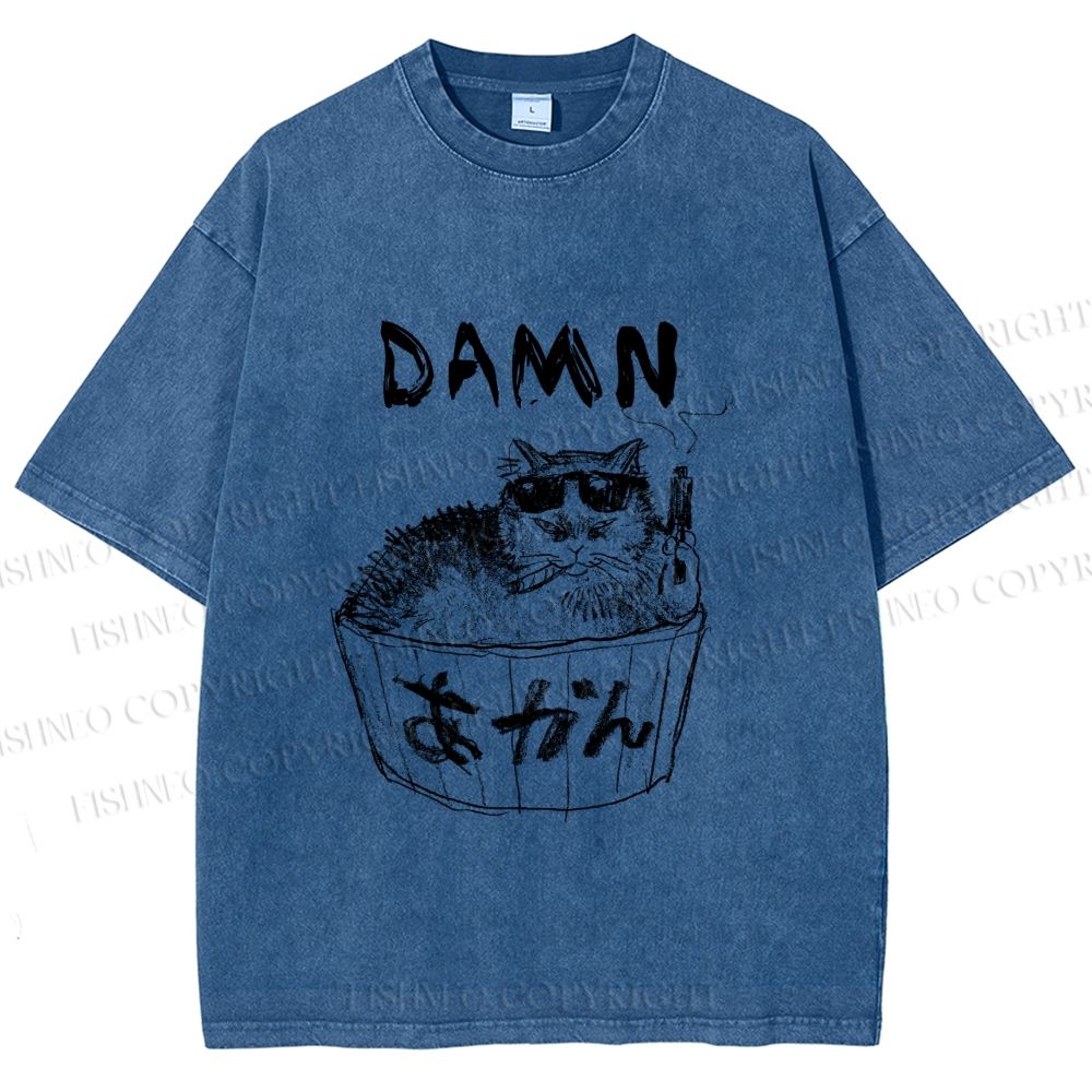 Unisex Gansta Cat in Bath Japanese Printed Washed Tee