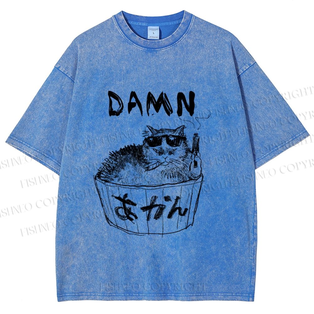 Unisex Gansta Cat in Bath Japanese Printed Washed Tee