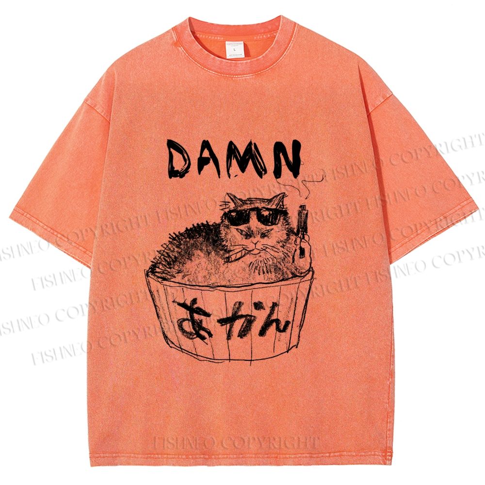 Unisex Gansta Cat in Bath Japanese Printed Washed Tee