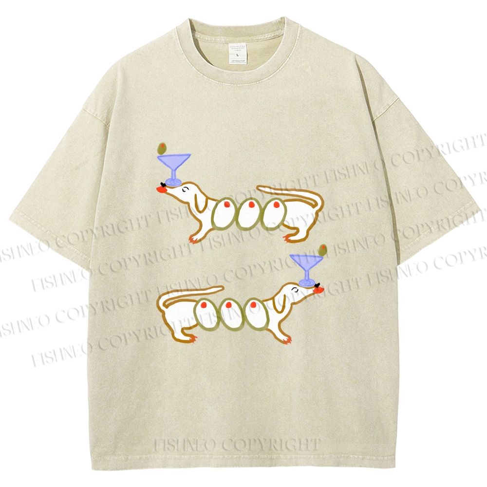 Unisex Olive Dachshund Dogs Printed Washed Tee