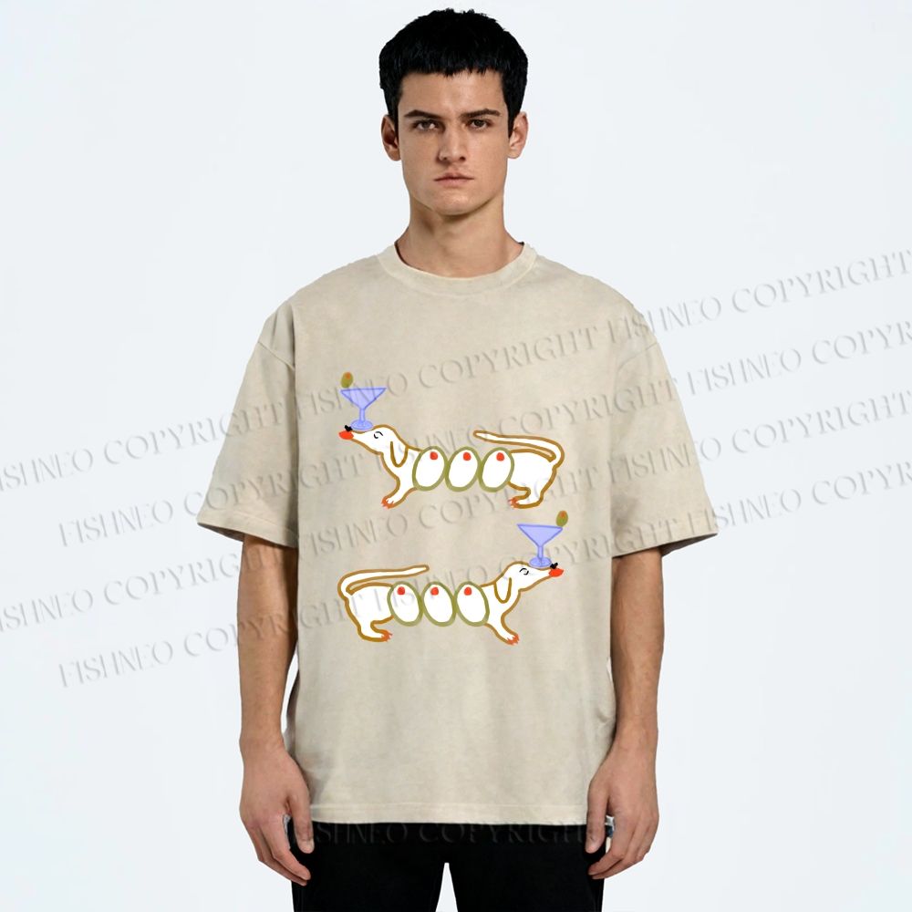Unisex Olive Dachshund Dogs Printed Washed Tee