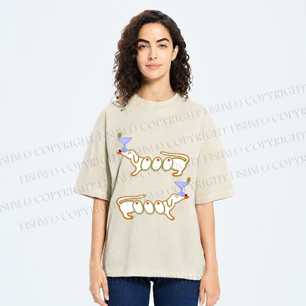 Unisex Olive Dachshund Dogs Printed Washed Tee