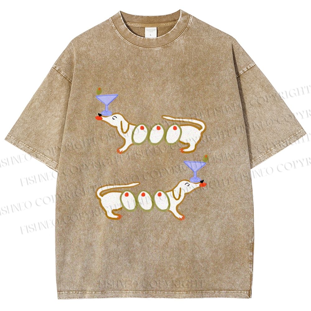 Unisex Olive Dachshund Dogs Printed Washed Tee