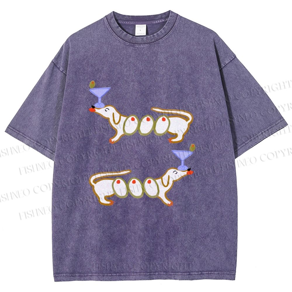 Unisex Olive Dachshund Dogs Printed Washed Tee