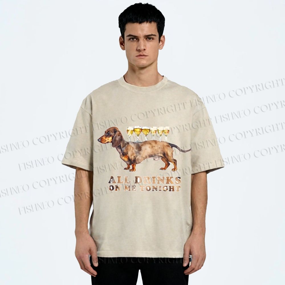 Unisex Funny Dachshund Dog All Drinks on me Tonight Printed Washed Tee
