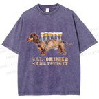 Unisex Funny Dachshund Dog All Drinks on me Tonight Printed Washed Tee